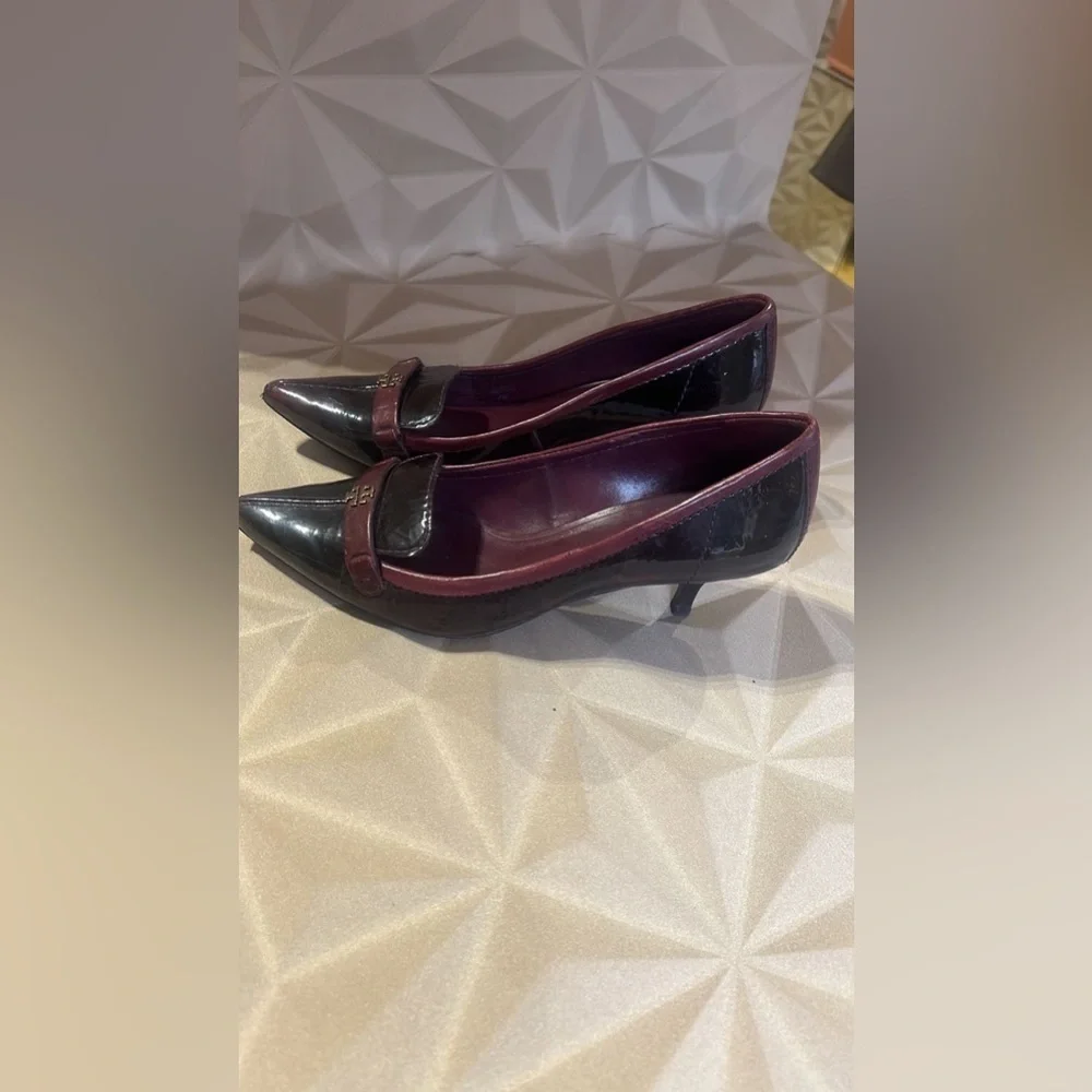 Tory Burch Burgundy and Black Patent kitten heels